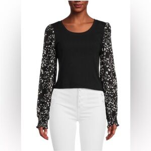 DKNY Black Top with Star-Print Balloon Sleeves